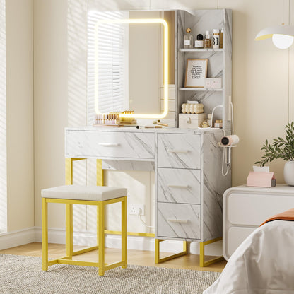 57'' Large Vanity Desk with Mirror & Lights, Makeup Vanity Table with Charging Station,