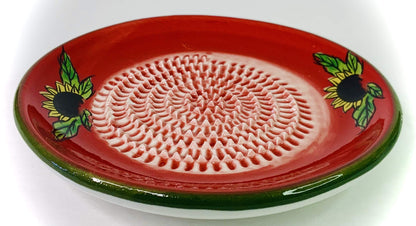 BonCera, All-in-one Premium Ceramic Garlic Grater Plate 4-Piece Set - Red Sunflower Design, Classic Style - For Garlic, Ginger, Chocolate, and more! - Comes with 5.25" Plate, Peeler, Brush, and Stand