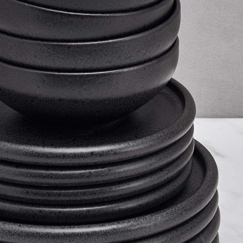 Mikasa Declan 12 Piece Stoneware Dinnerware Set, Service for 4, Modern Black Plate and Bowl Dishes with High Rims, Black