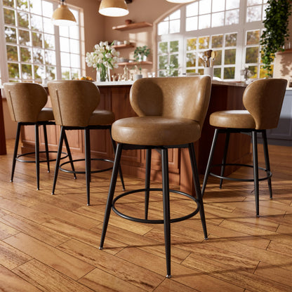 Sucrever Bar Stools Set of 4, 26" Counter Height Swivel Leather Bar Stools, Upholstered Barstools with Back & Footrest Metal Legs, Stools for Kitchen Island, Home Bar, Dining Room Brown