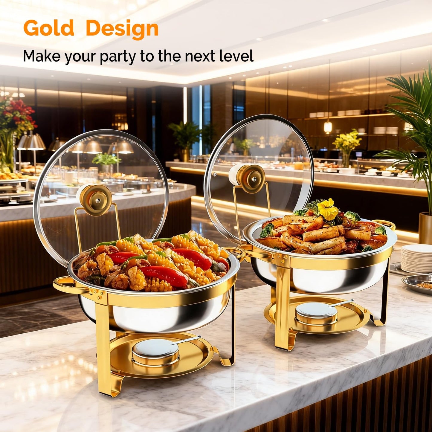 ROVSUN Chafing Dishes for Buffet 8Pack, 6QT Round Chafing Dish Buffet Set with Glass Lid & Lid Holder, Stainless Steel Chafers and Buffet Warmers Sets for Party Wedding Catering Events, Gold