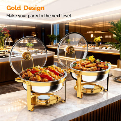 ROVSUN Chafing Dishes for Buffet 8Pack, 6QT Round Chafing Dish Buffet Set with Glass Lid & Lid Holder, Stainless Steel Chafers and Buffet Warmers Sets for Party Wedding Catering Events, Gold