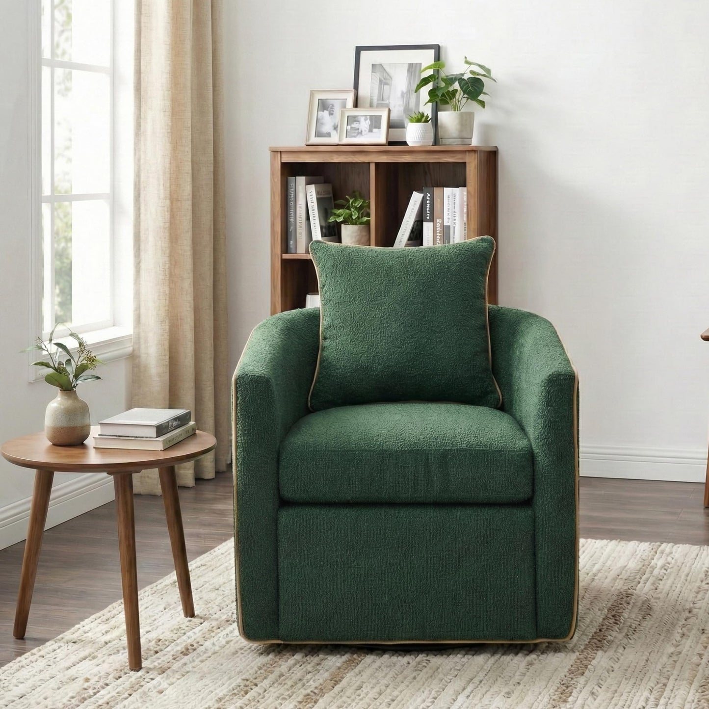 Christopher Knight Home Arlo 360° Swivel Accent Chair for Living Room, Bouclé Upholstered Rotating Lounge Chair Indoor, Barrel Swivel Chair with Iron Frame, Curved Armrest and Padded Seat, Green