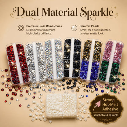 Worthofbest Hot Fix Rhinestone Applicator Tool Kit, 10000Pcs 3/4/5mm Glass Rhinestones & 5mm Hotfix Pearls, Rhinestone Setter with 6 Tips, Stand, Glove, Tray, Templates for Fabric Clothing DIY