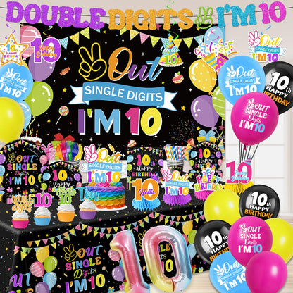 10th Birthday Decorations for Girl,172pcs 10 Year Old Girl Birthday Decorations Double Digits Birthday girl Plates and Napkins Cups Tablecloth Banner Honeycomb for Peace Out Single Digits Party Decor