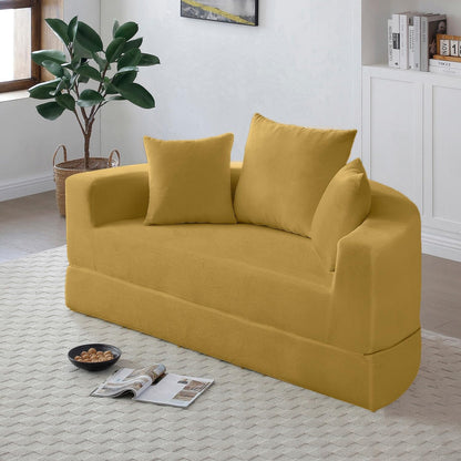 UOCFYK Folding Sofa Bed, Corduroy Circular Boneless Couch, No Assembly Convertible Sleeper Sofa with 3 Pillow, Comfy Futon Sofa Bed for Apartment, Office, Bedroom, Living Room, Yellow