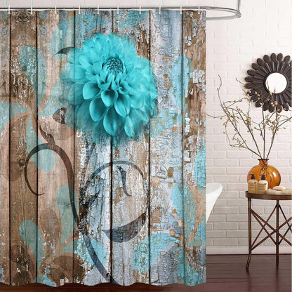 JAWO Teal Dahlia Shower Curtain Set with 12 Hooks - Dahlia Flower on Rustic Wooden Plank Country Style, Waterproof Bath