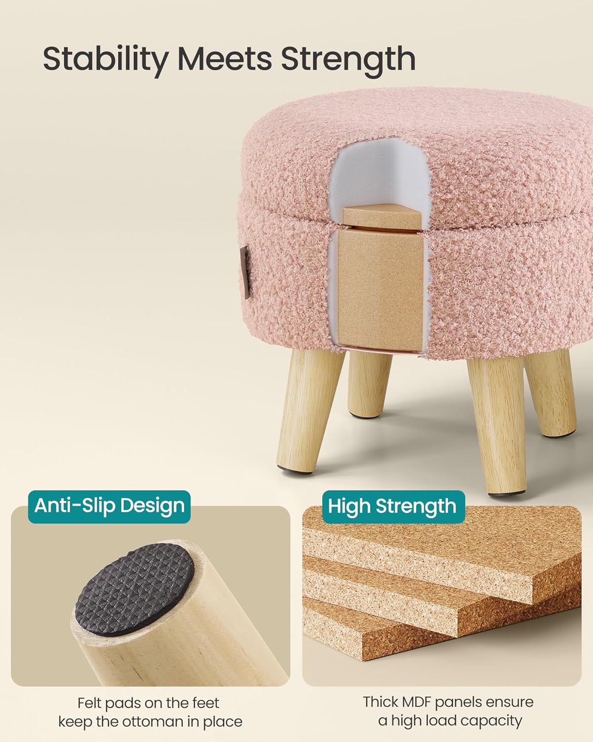 12.2 Inches, ULOM515SA01 SONGMICS Storage Ottoman, Foot Stool, Round Ottoman with Padded Seat, Foot Rest with Wood