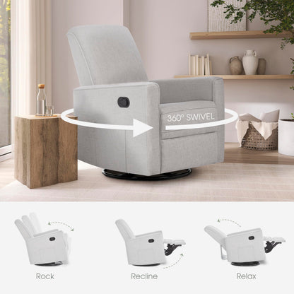 Evolur Raleigh Upholstered Manual Glider Recliner– Rocking & 360° Swivel with Smooth Glide – Greenguard Gold & FSC Certified – Modern Nursery and Living Room Chair in Fog