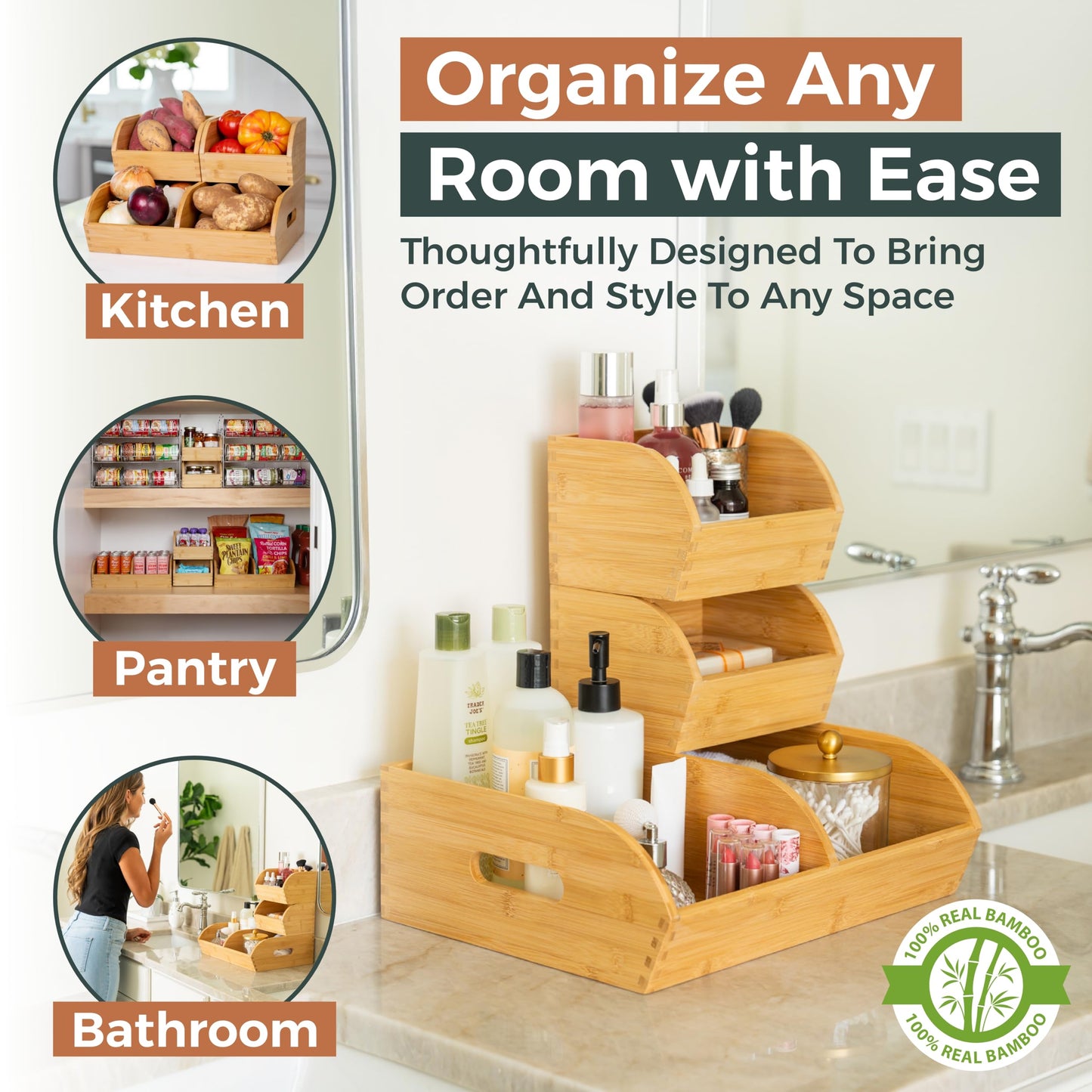 Potato and Onion Storage Bin for Pantry and Kitchen Counter - Ventilated Stackable Bamboo Organizer Baskets with Handles - Multipurpose Organization Containers for Fruit, Vegetable, Pantry - 3 Pack