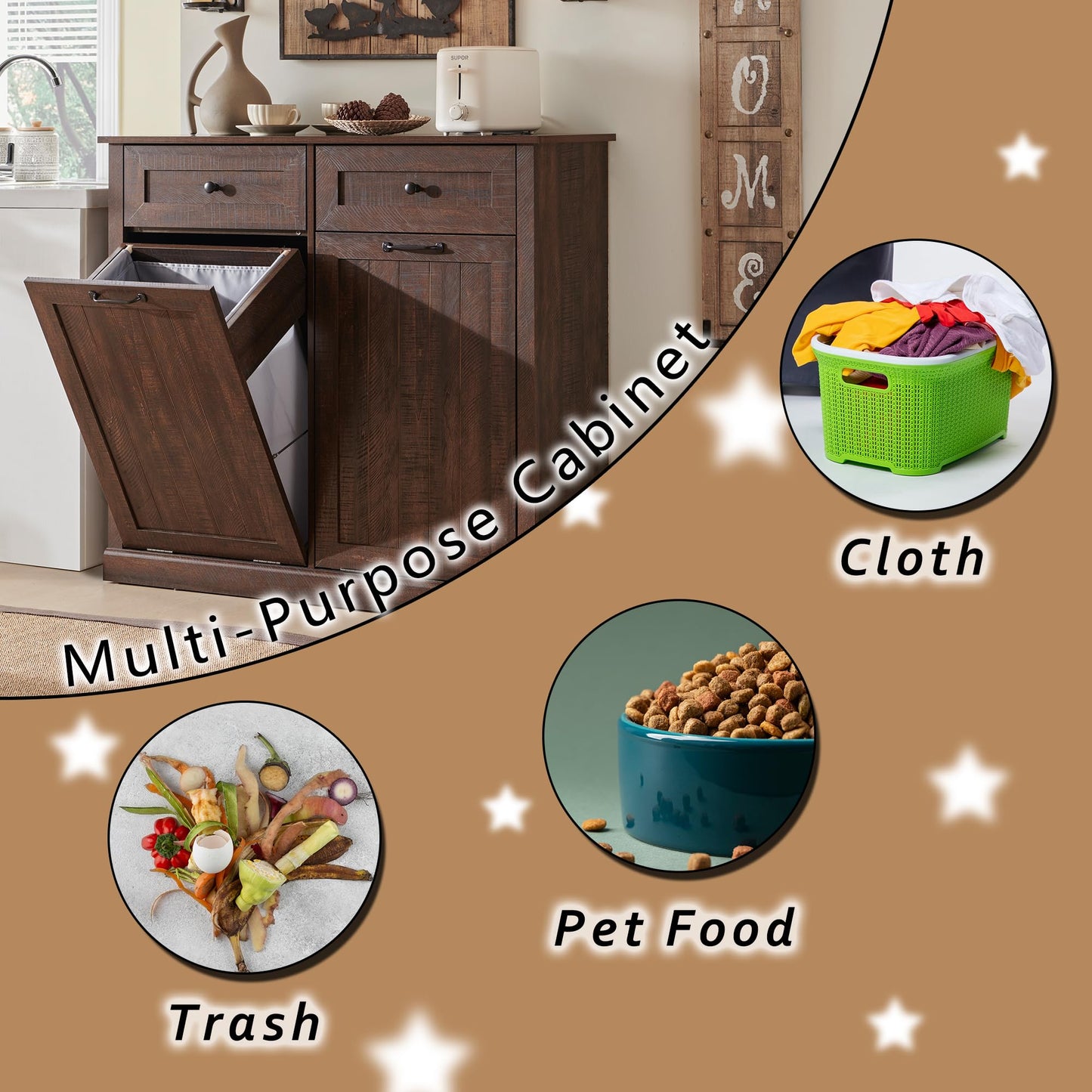 IFGET Double Tilt Out Trash Cabinet, 20 Gallon Farmhouse Laundry Hamper Cabinet with 2 Drawers, Hidden Wooden Trash Can Cabinets with Storage Basket for Kitchen, Living Room (Brown)