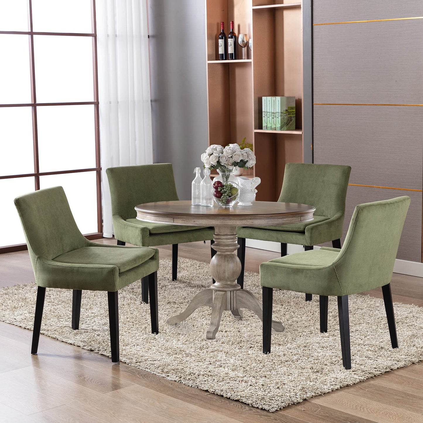 COLAMY Modern Dining Chairs Set of 4, Upholstered Corduroy Accent Side Chairs with Mid Back and Wood Legs for Living Room/Dining Room- Light Green