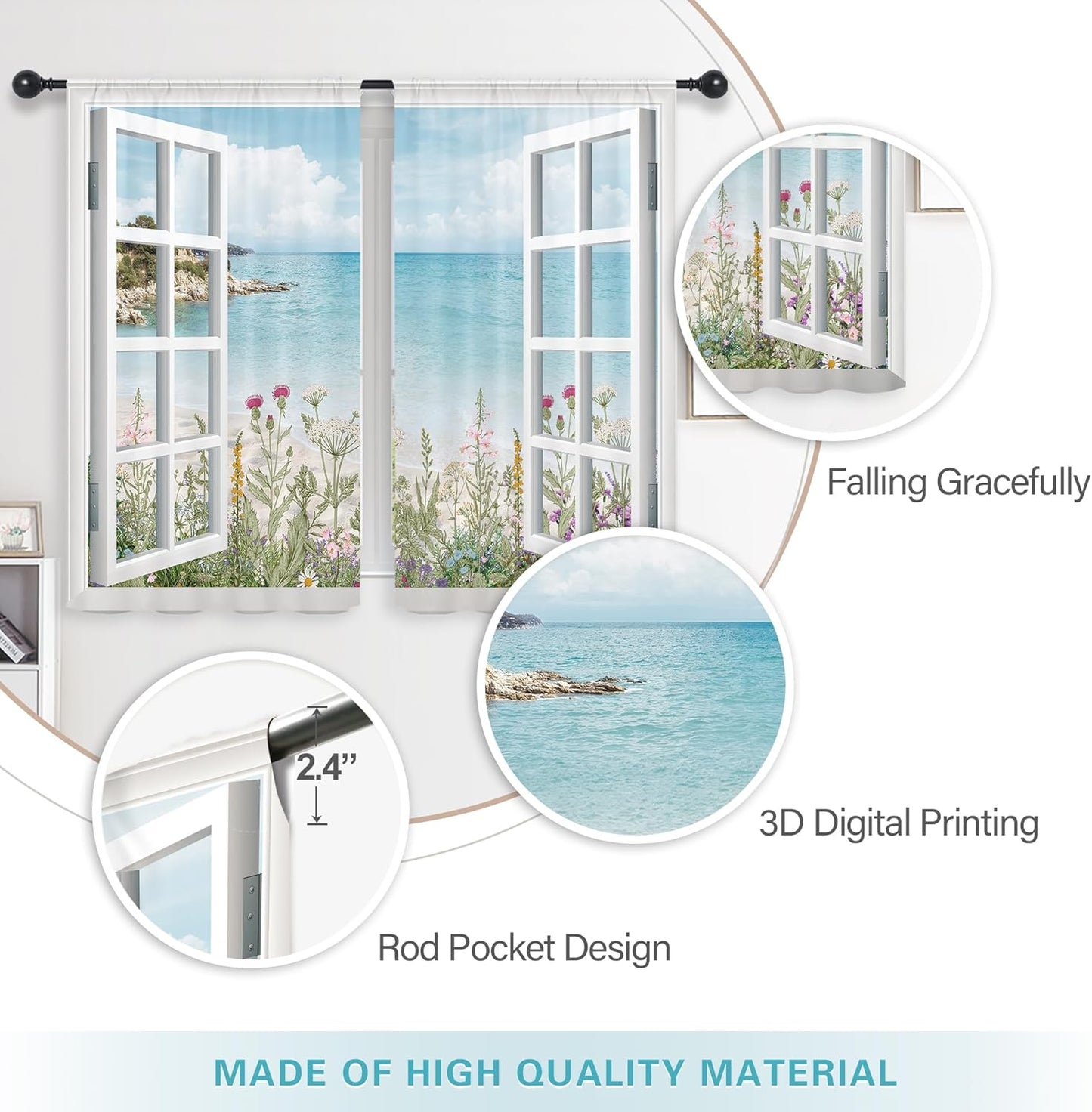 Riyidecor Ocean Beach Coastal Kitchen Curtains, Short Hawaiian Floral Scenery, 2 Panels 27.5Wx39H Inch