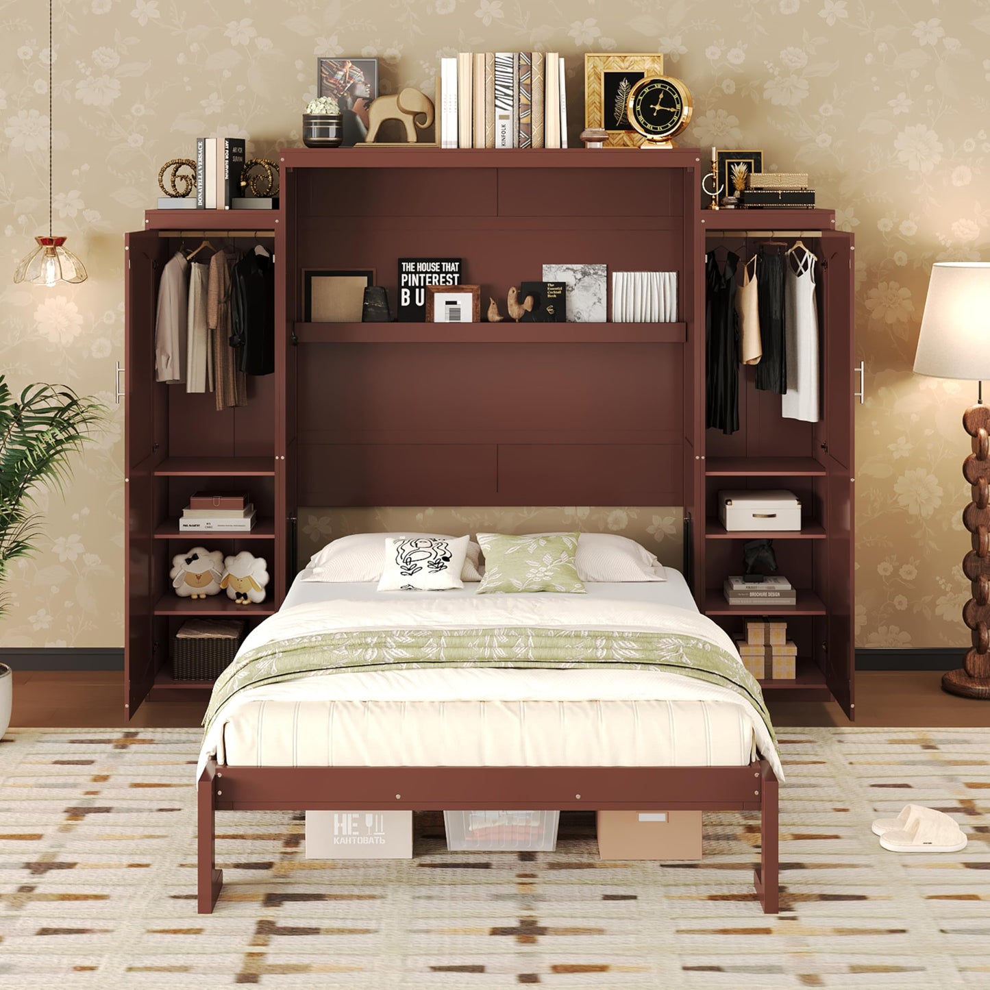 Ball & Cast Murphy Bed Queen Size,Wood Foldable Wall Bed with 2 Sides Wardrobe and Storage Shelf, Hidden Cabinet Bed Frame for Bedroom,Guest Room,Space Saving,No Box Spring Needed,Walnut