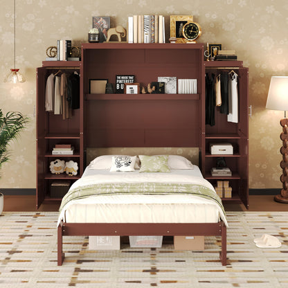 Ball & Cast Murphy Bed Queen Size,Wood Foldable Wall Bed with 2 Sides Wardrobe and Storage Shelf, Hidden Cabinet Bed Frame for Bedroom,Guest Room,Space Saving,No Box Spring Needed,Walnut