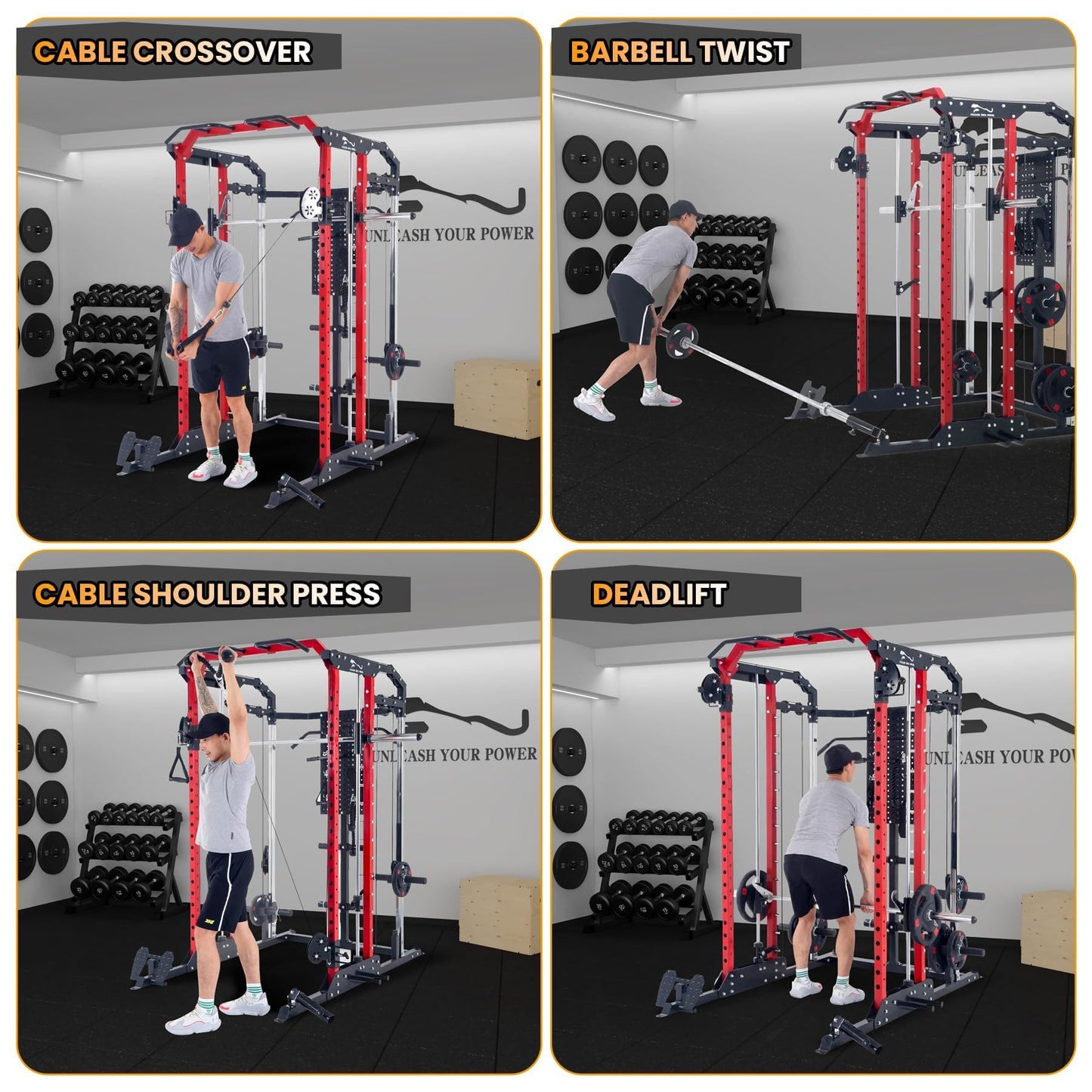 Patikuin Heavy-Duty Power Cage Smith Machine – Multi-Functional Comprehensive Home Gym Rack with Cable Crossover, Dual Pulley, LAT Pulldown, Dip Bars, Tricep Rope – Space-Saving, Black-Red