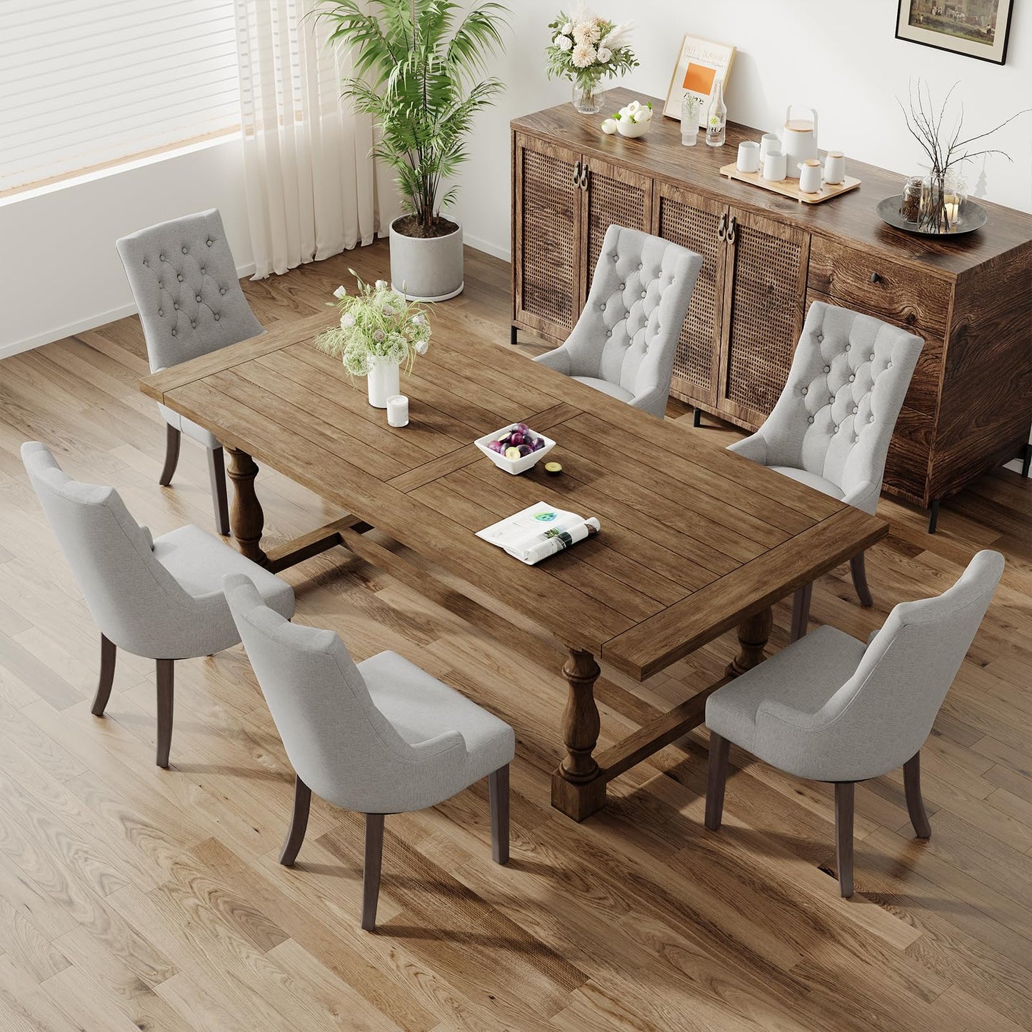 COLAMY Fabric Side Dining Chairs Set of 4, Wingback Upholstered Dining Room Chairs with Tufted Button, Living Room Chairs for Home Kitchen, Light Grey