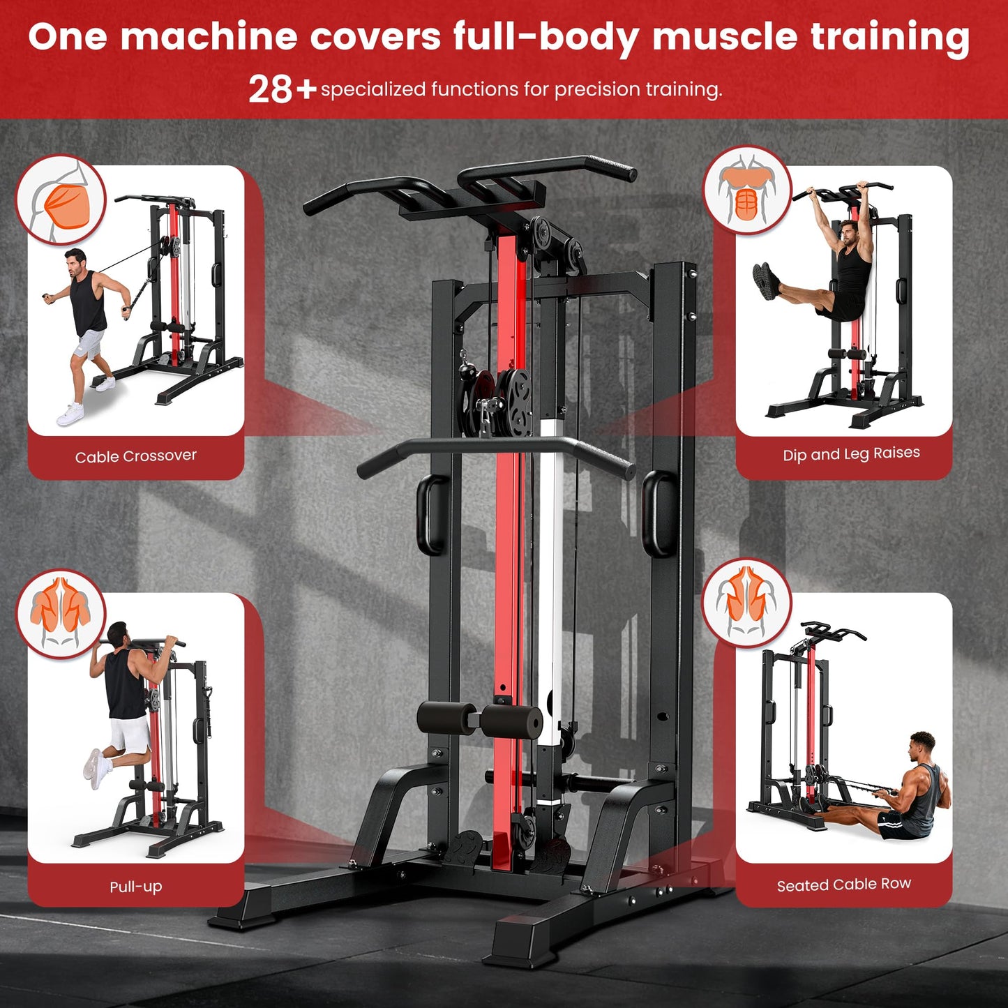Pull Up Bar Power Tower Dip Station,Cable Machine-Integrated 450LBS Multi-Function Adjustable Height Fitness Strength Training Equipment for Home Gym Strength Training Equipment (Black Plus)