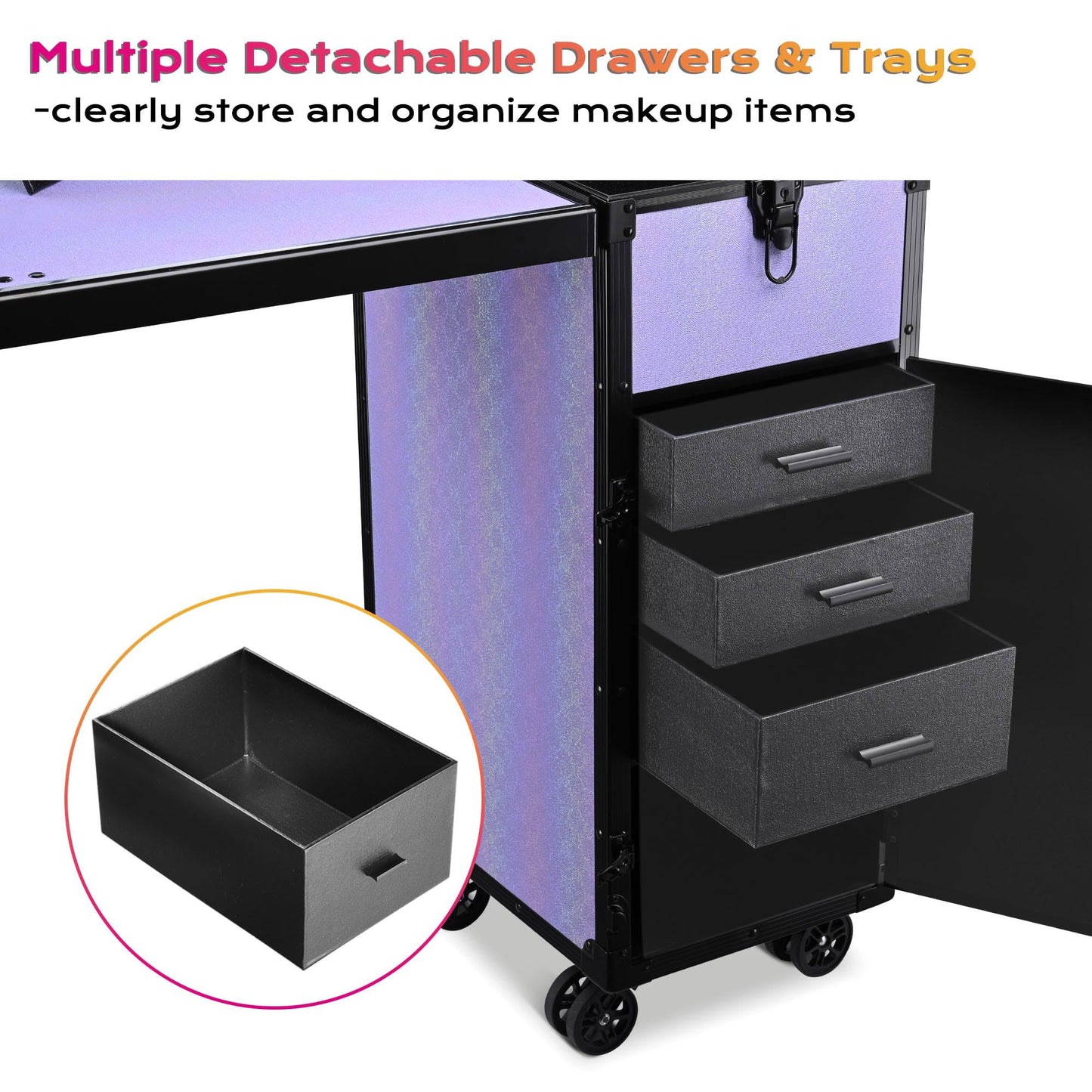 BYOOTIQUE Portable Nail Table with Storage Rolling Makeup Case with Drawers Traveling Manicure Table for Manicurist Nail Teach Makeup Artist Hairstylist Barbershop Beauty Salon, ForgetMeNot Purple