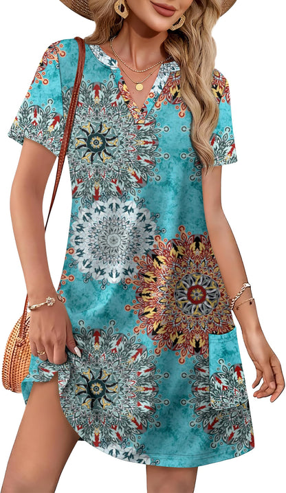 WIHOLL Dresses for Women 2025 Casual Summer V Neck Wedding Guest Dress Short Sleeve Fashion Beach Vacation Clothes