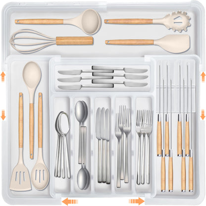 Homecor Silverware Organizer - Expandable Large Kitchen Drawer Organizer Utensil Organizer with 2 Removable Knife Blocks, 22"x 19"Cutlery Tray Drawer Dividers for Kitchen Flatware(6-9 Slots) (Black)