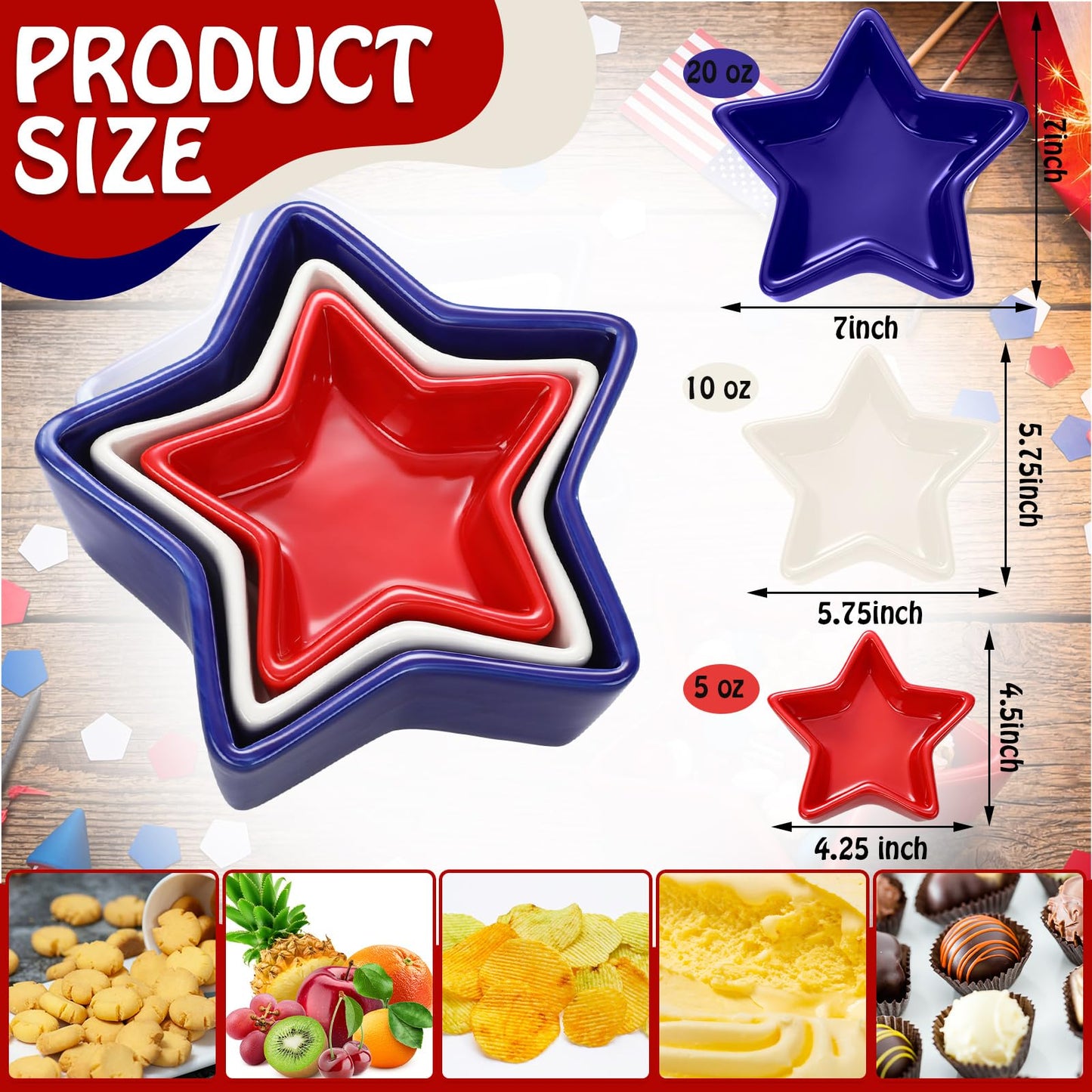 Yungyan 3 Pcs 4th of July Serving Bowls Red White Blue Patriotic Star Shaped Ceramic Nesting Prep Bowls Set 3-Size Serving Dishes for American Independence Day Memorial Day Summer BBQ Kitchen Dining