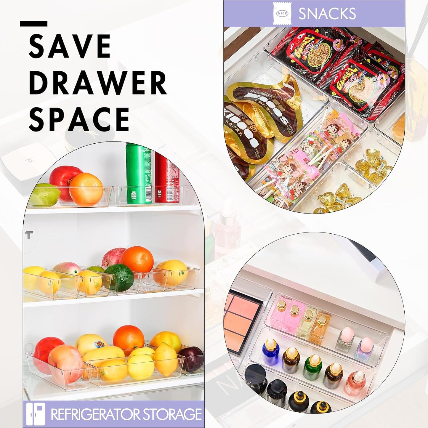 HOUSE DAY Desk Drawer Organizer Bins, 4 PCS Clear Drawer Organizers with Silicone Pads for Makeup, Office