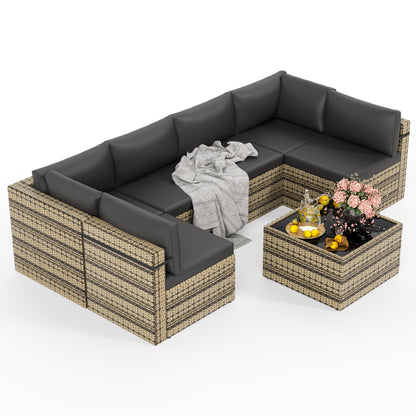 PATIOPIA 7-Piece Outdoor Sectional Sofa Set, Weather-Resistant Patio Furniture Set with Washable Cushions and Coffee Table, Black Rattan Patio Conversation Set for Poolside, Backyard, Deck (Beige)