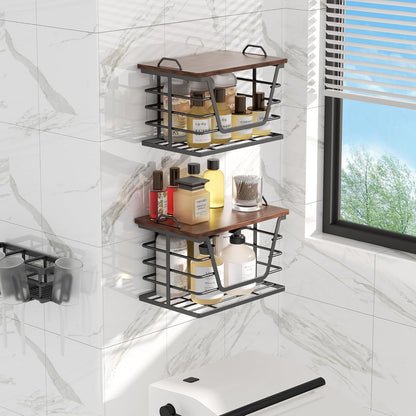 2 Pack Countertop Stackable Trash Bag Holders with Wood Top, Large & Small Garbage Bag Dispenser for Kitchen, Pantry