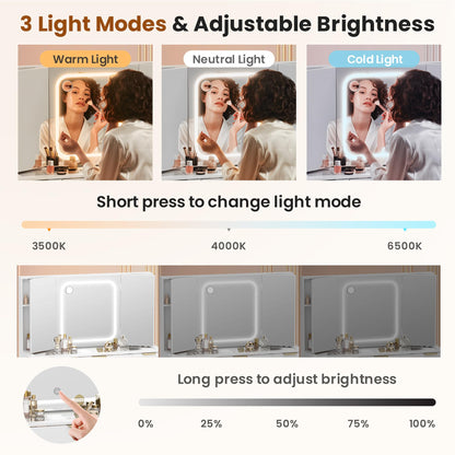 Pamapic 11 Drawers Vanity Desk with Foldable Mirror, Glass Top Makeup Vanity with LED Lights, 3 Lighting Modes, Golden Handles Dressing Table with Chair and Power Outlet