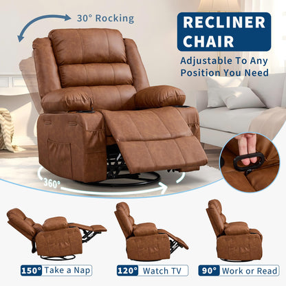 Rocker Recliner Chair for Adults Manual 360° Swivel Single Sofa Seat Glider Chair with 3 Positions 2 Side Pockets Cup Holders PU Fabric for Living Room Nursery Office