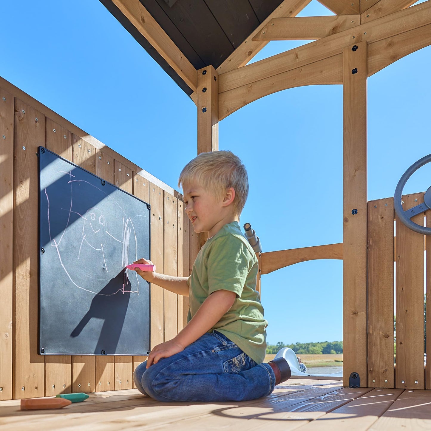 Backyard Discovery Dover Bay Spruce Wood Swing Set with Spiral Tube Slide, Wave Slide, Clubhouse, Rock Wall, Belt Swings, Step Ladder, Toy Telescope, Chalkboard, Outdoor Playset