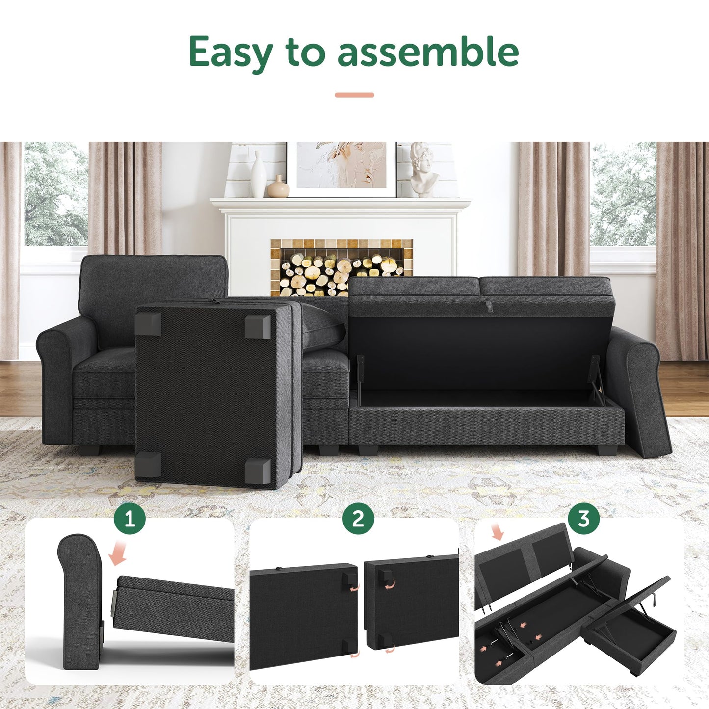 HONBAY Sectional Sofa with Storage Seat U Shaped Sectional Couch with Reversible Chaise Convertible Sectional Couches for Living Room,Dark Grey