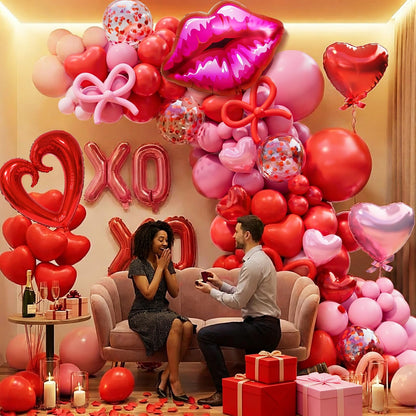 Pink and Red Balloon Garland Arch Kit, Coquette Birthday Decorations with 570pcs Red Pink Heart Confetti Balloons, Heart Lip XOXO Star Foil Balloons, Rose Petals for Wedding Romantic Decorations