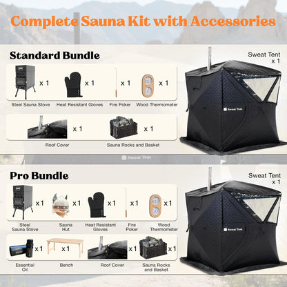 SweatTent Portable Outdoor Sauna (Large) Standard Bundle – Complete Kit with Stove, Sauna Rocks, Basket, Gloves, Fire Poker, Thermometer, Quick Assembly, 6 Adults, Backyard & Camping