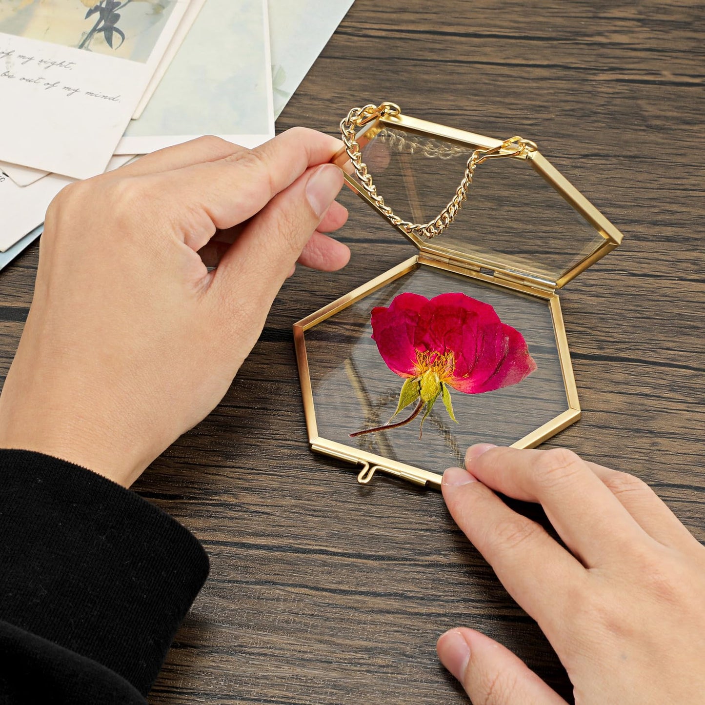 JUXYES 4 Pack Hexagon Mini Wall Hanging Brass Frames for Pressed Flowers, Double Glass Hanging Picture Artwork Display Frame, Gold Floating Style Gallery Wall Frame for Picture, Poster, etc
