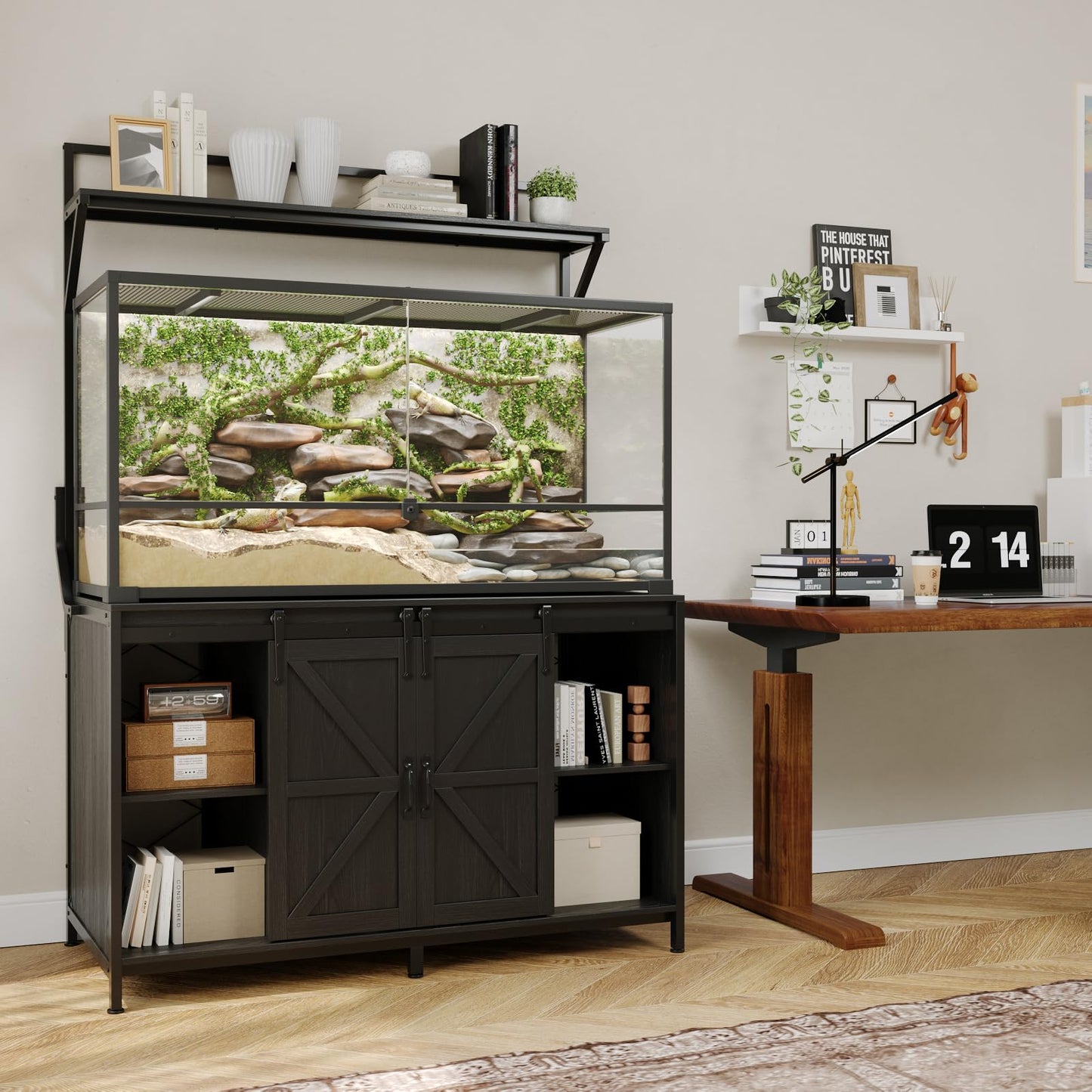 VOWNER Farmhouse Reptile Tank Stand with Power Outlet, 48" X 24" Tabletop Fits up 120 Gallon Bearded Dragon Tank, Heavy Duty Aquarium Stand with Storage Cabinet, Reptile Turtle Terrarium Stand Black