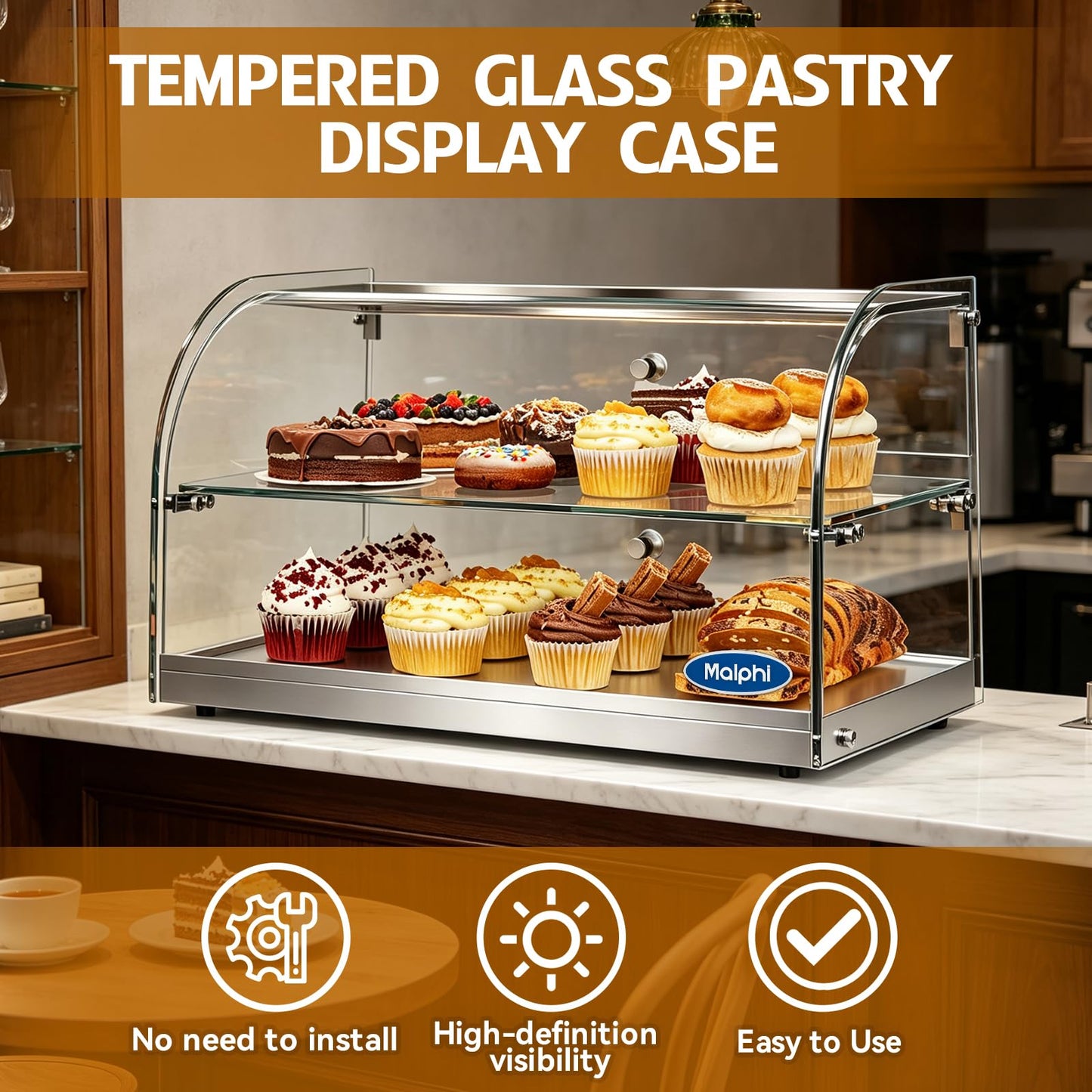 1.59 Cu.ft Malphi Large Pastry Display Case Countertop | Commercial Bakery Display Stand Cupcake Holder Tempered Glass | Large Bread Cookie Display Box | 22.1" x 15.2" x 14.6" | 27.5 lbs |
