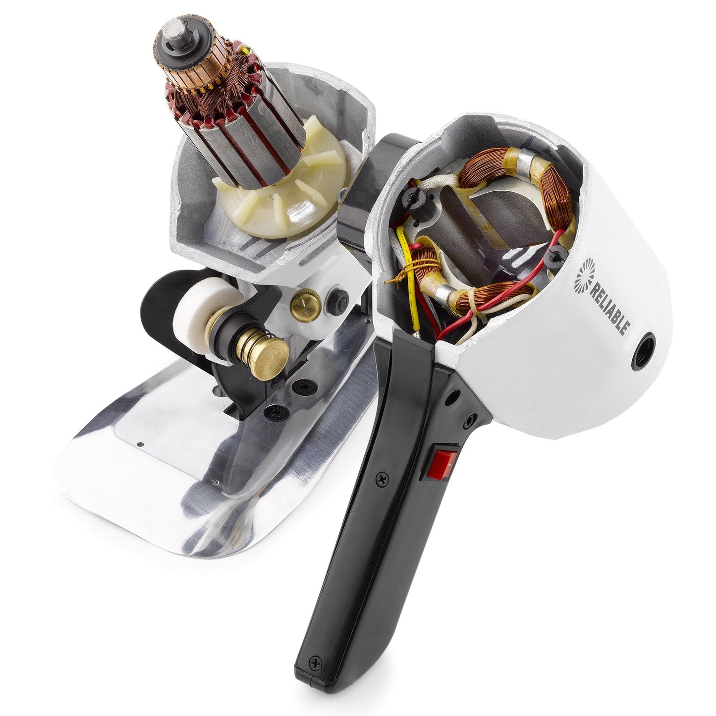 Reliable 1500FR Octagonal Knife Cloth Cutting Machine, 4-Inch High Power Light Weight Fabric Cutter, 1" cutting capacity, High-power Electric Motor, Knife Guard, Automatic Sharpener, Thin Base Plate