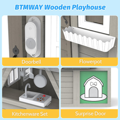 BTMWAY Kids Outdoor Playhouse,Cedar Gray Wooden Play House for Kids Ages 3-8, with Play Kitchen, Interactive Doorbell, Toy Phone, Sink, Flowerpot