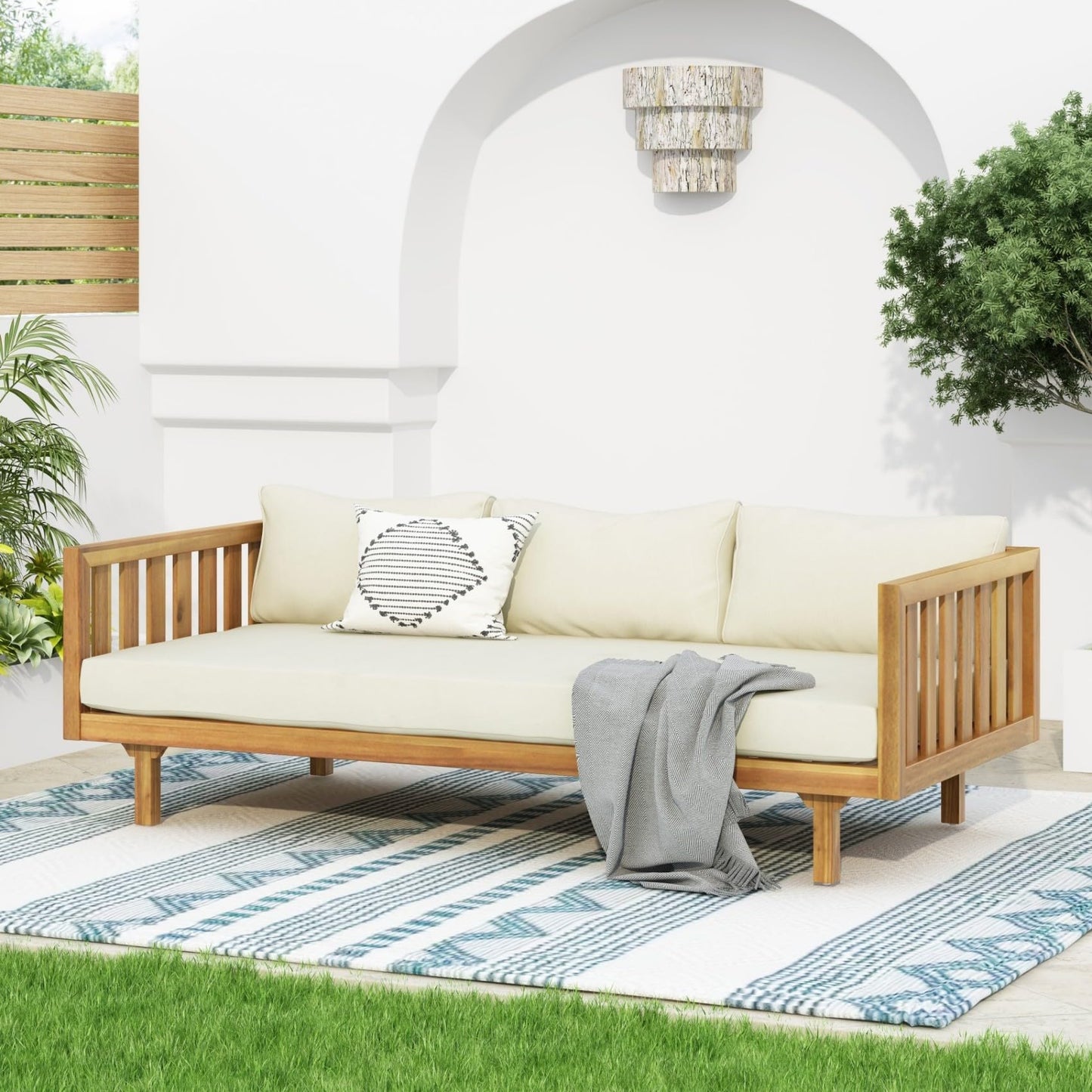 Merax Solid Acacia Wood Couch Chaise Lounge Chair Indoor, 3 Seater Daybed Sofa Couches with Cushions & Pillow, Heavy Frame Day Bed for Living Room, Office, Outdoor, Balcony, Patio, Water Resistant