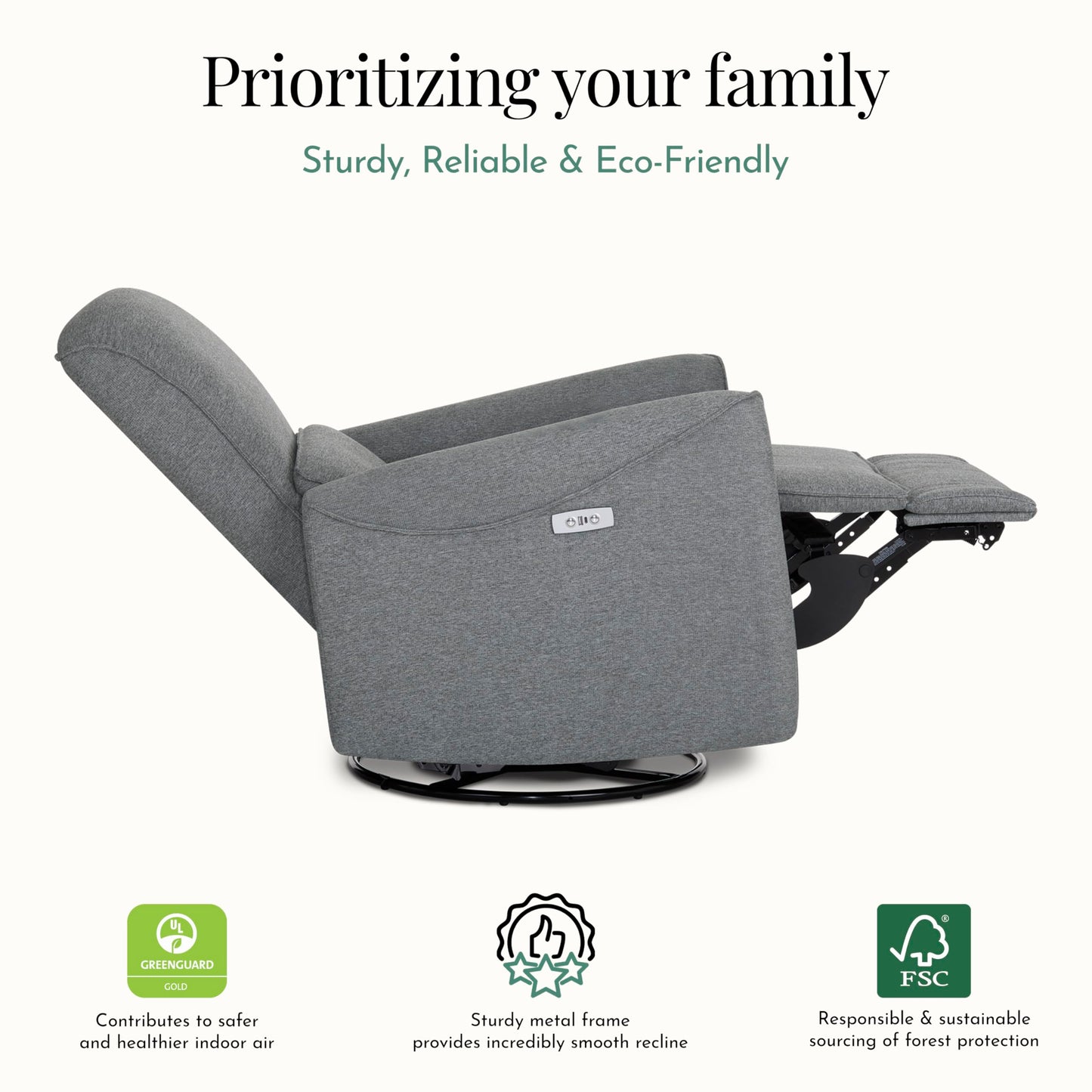 Evolur Belmont Nursery Glider Chair with Massager in Cosmic Grey, Power Recliner with 275° Swivel, Lumbar Support Modern Rocking Chair for Baby Room, Nursery & Living Room