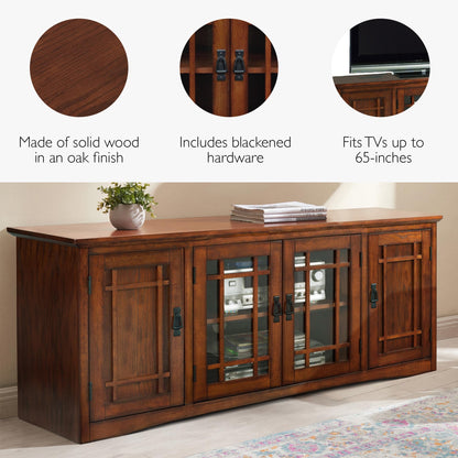 Leick Home 82360 Solid Wood Mission Oak Four Door TV Stand For 65" TVs Universal TV Console Living Room Storage Shelves Entertainment Center, Mission Oak