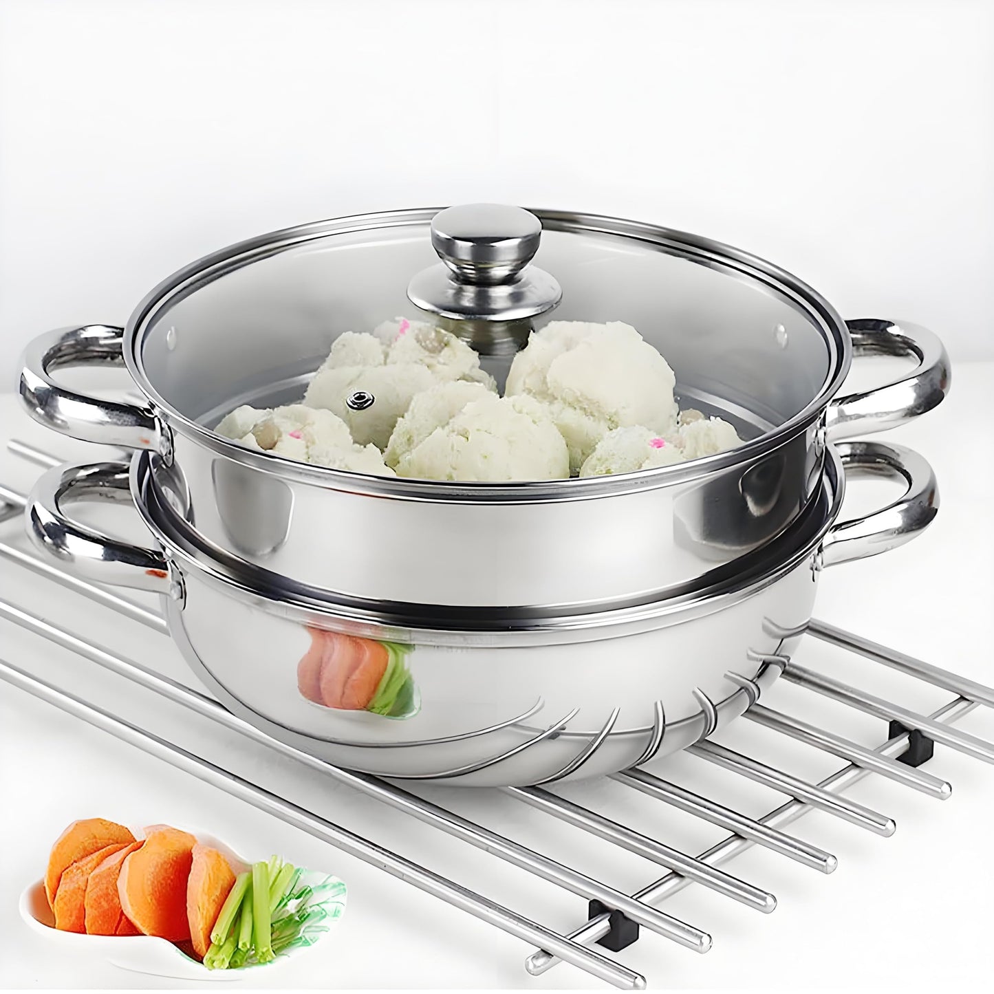2-Tier 28cm 304 Stainless Steel Steamer Pot with Glass Lid,for Dumplings, Seafood, Veggie Stews & Homemade Soups
