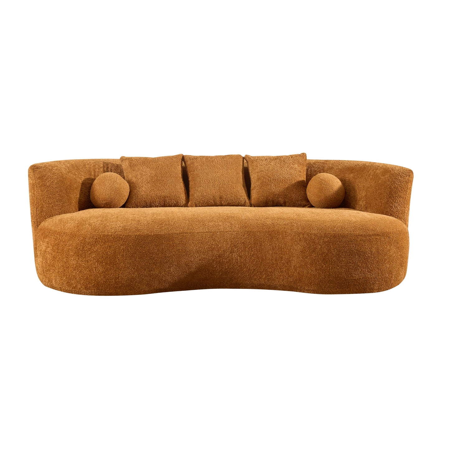 Christopher Knight Home Nomad Curved Sofa, 90" Boucle Upholstered 3 Seater Couch with Decor Cushions, Modern Cloud Couch with Deep Seat, Fabric Upholstered Seating Set for Living Room Bedroom, Camel
