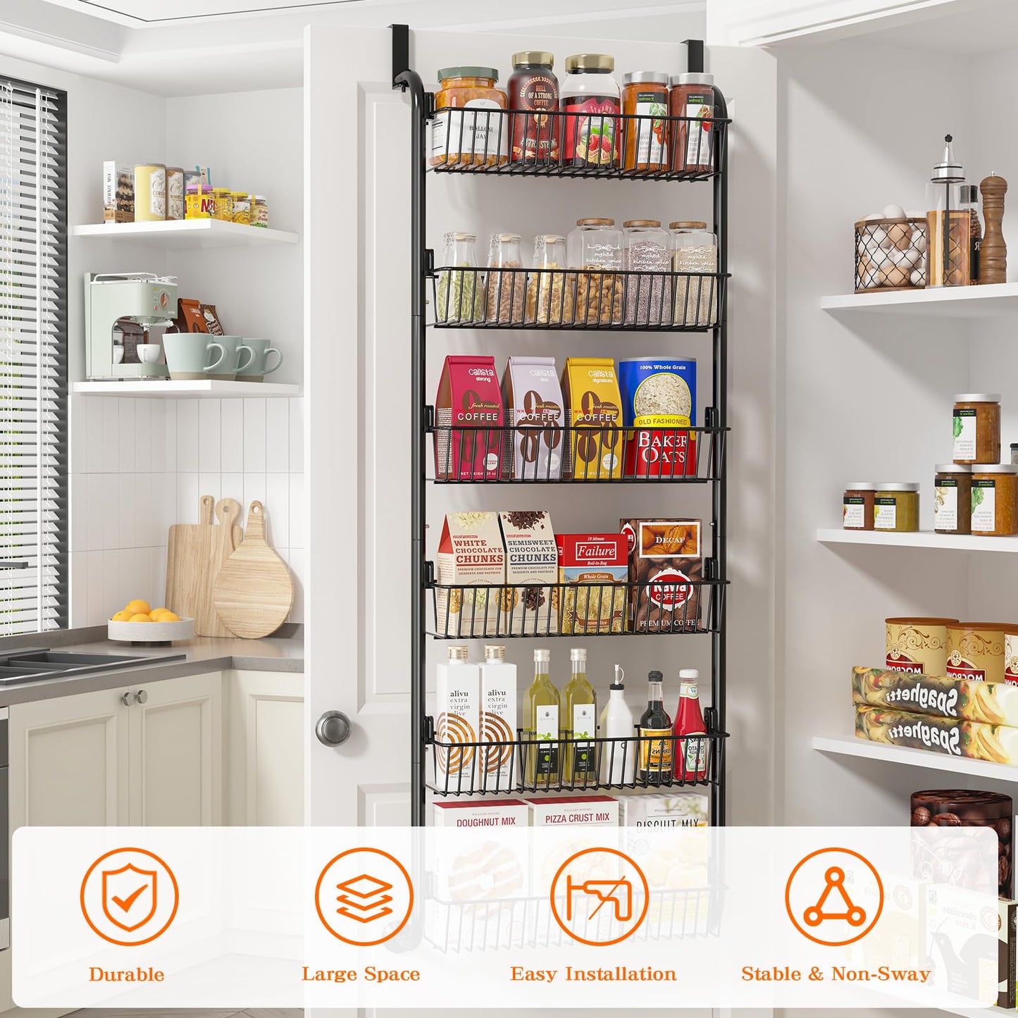 MIAOLI Over The Door Pantry Organizers and Storage, 6-Tier Spice Rack, Home & Kitchen Storage Shelves for Cabinet, Large Capacity Hanging Seasoning Organizer, Laundry Room Organization, Black