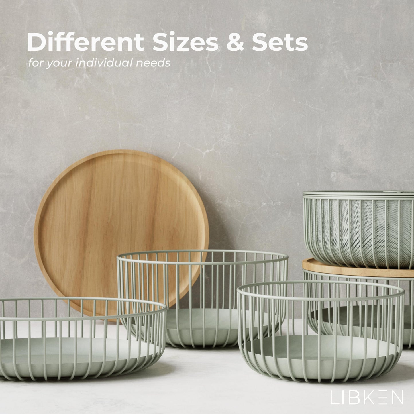 LIBKEN Metal Fruitbasket with Mesh Lid and Basket - Fruit and Vegetable Holder For Kitchen Counter - Countertop Display Baskets Organizer - Bowl Storage for Veggie, Fruits, Snack, and Banana - Green