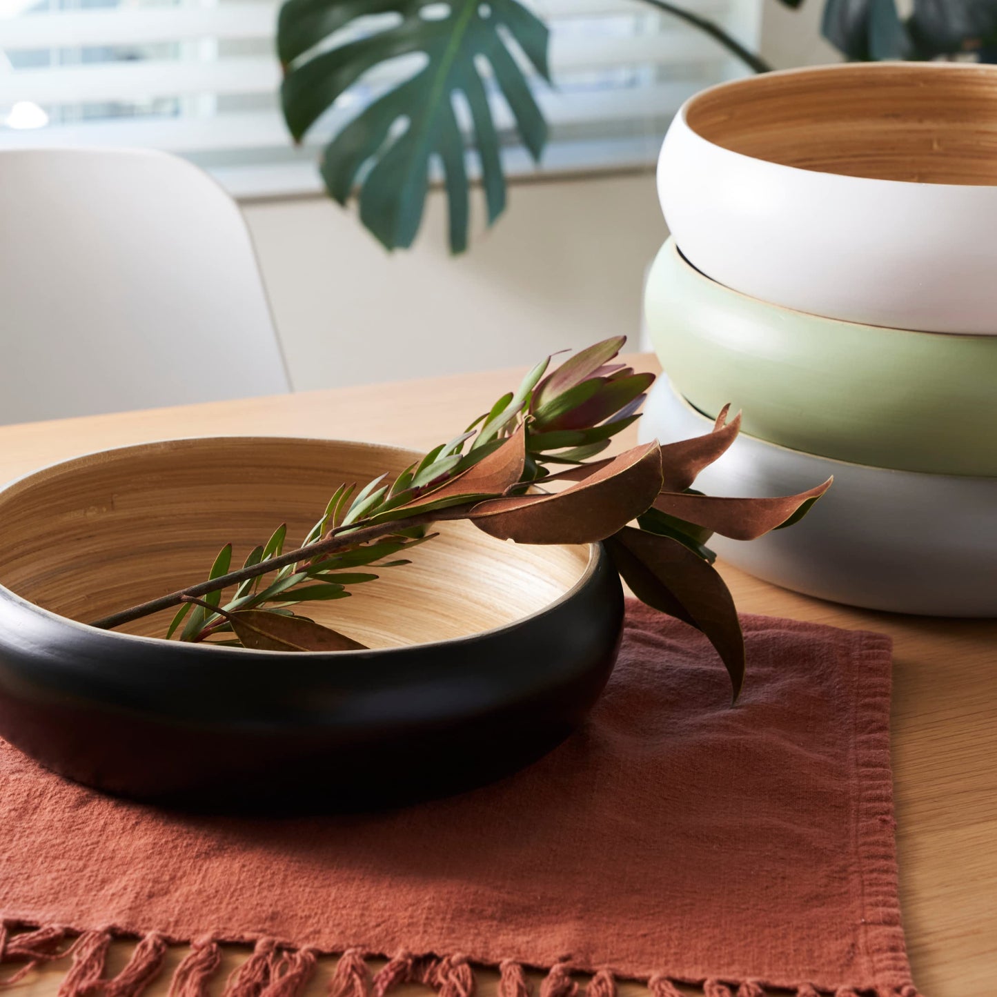 HABITAAS Fruit Bowl for Kitchen Counter – Handmade Spun Bamboo, Large 11.75" Fruit Basket, Eco-Friendly Decorative Serving Bowl for Home Decor, Produce Storage & Centerpiece (Black)