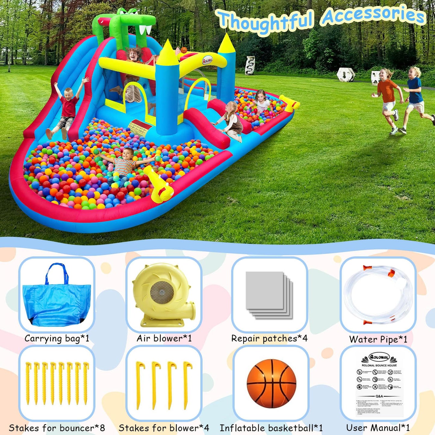 Rolonal Inflatable Bounce House with Water Slides,Double Ball Pit/Water Pool,Crocodile Styling,Climbing Wall,Outdoor Kids Bouncy Castle with Air Blower