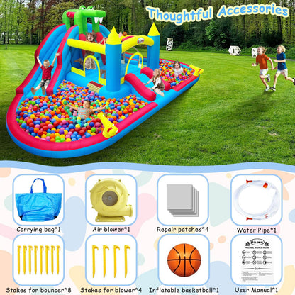Rolonal Inflatable Bounce House with Water Slides,Double Ball Pit/Water Pool,Crocodile Styling,Climbing Wall,Outdoor Kids Bouncy Castle with Air Blower